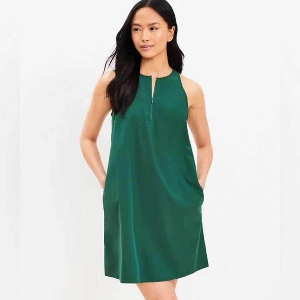 Lou & Grey Stretch Woven Forest Green Sleeveless Zip Neck Mini Dress Size S